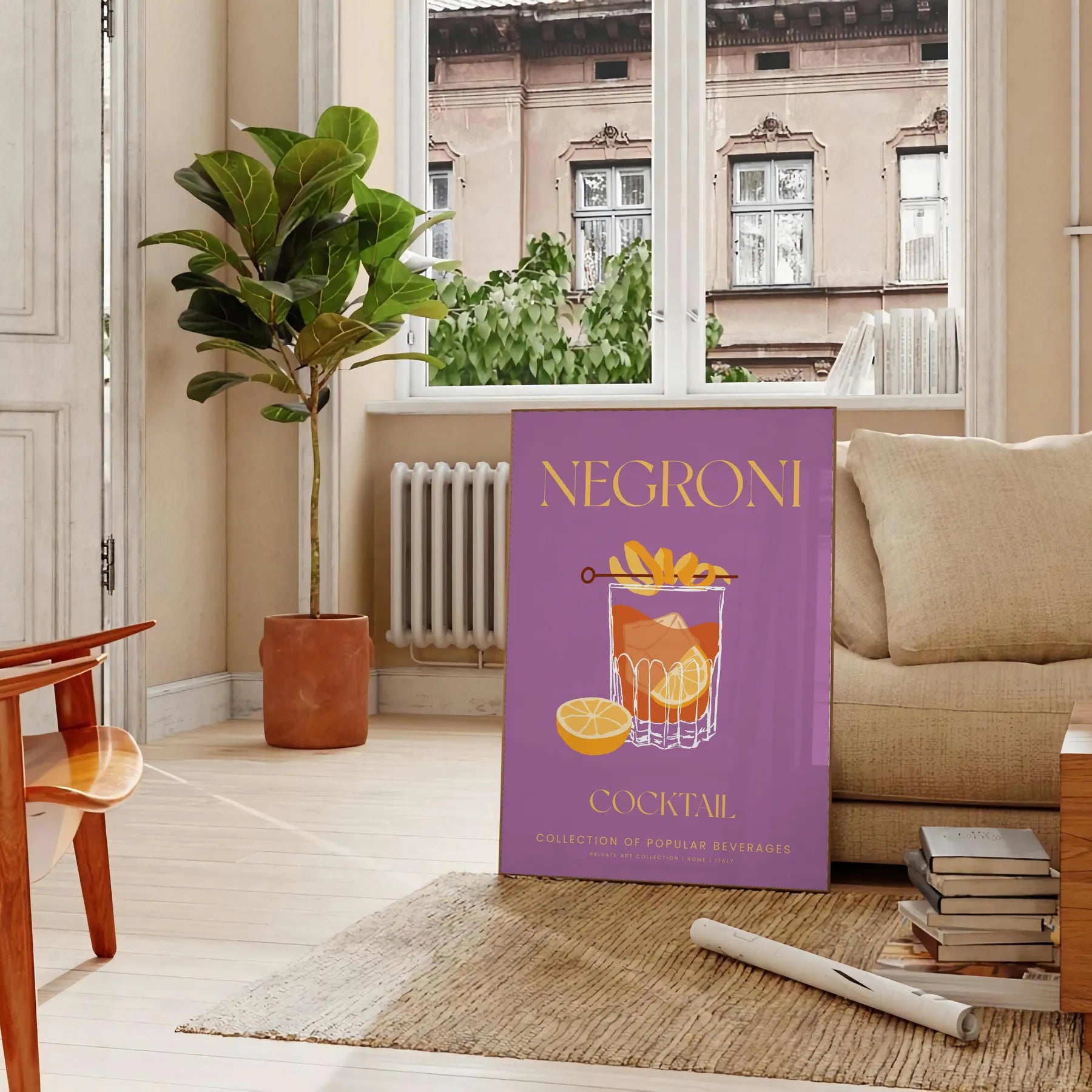 space vibrant Negroni cocktail poster stunning yellow orange hues wall art lover unique gift idea variety sizes A4 cm A0