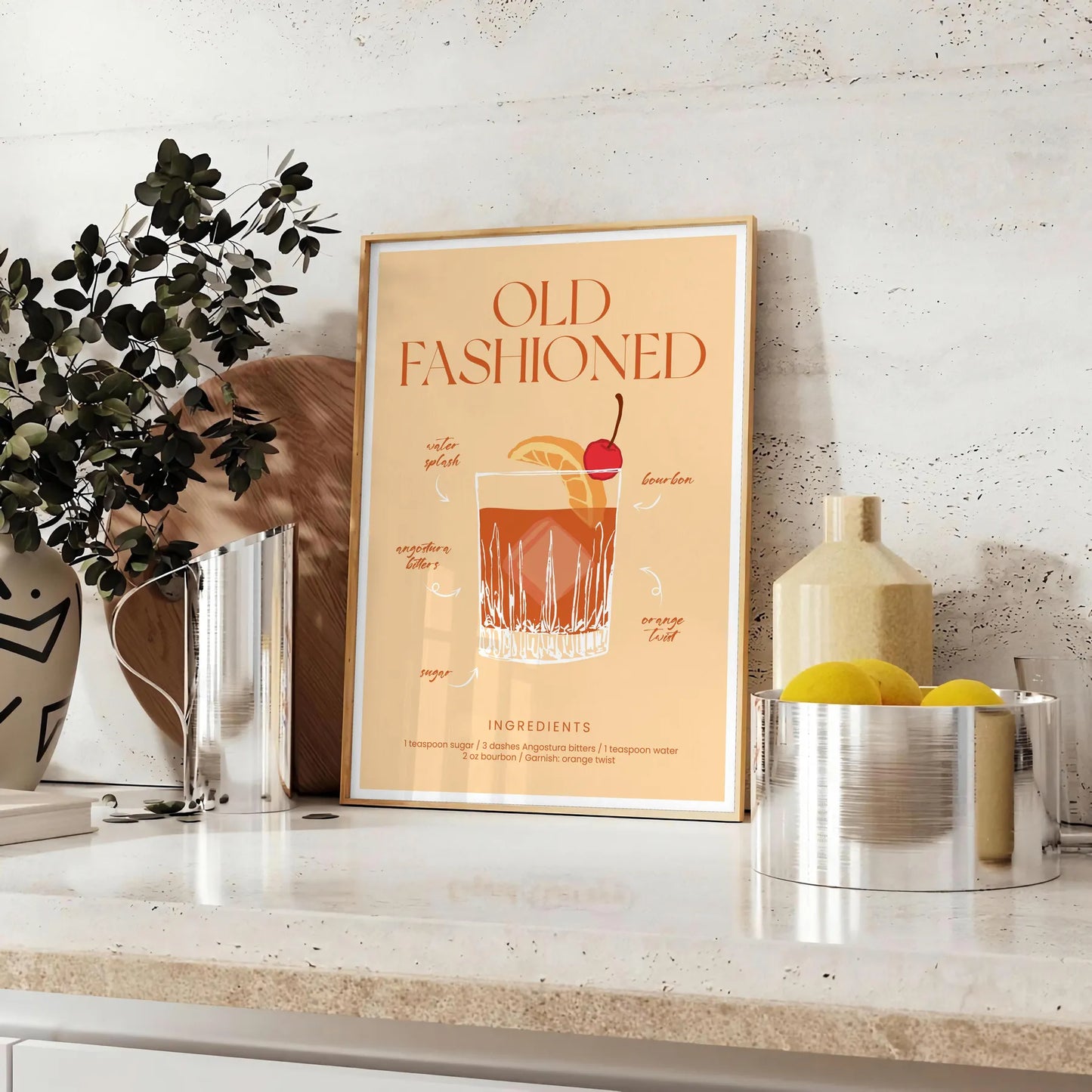space vibrant Old Fashioned cocktail poster orange red hues wall eye addition décor gift personal enjoyment interior style stunning artwork frame