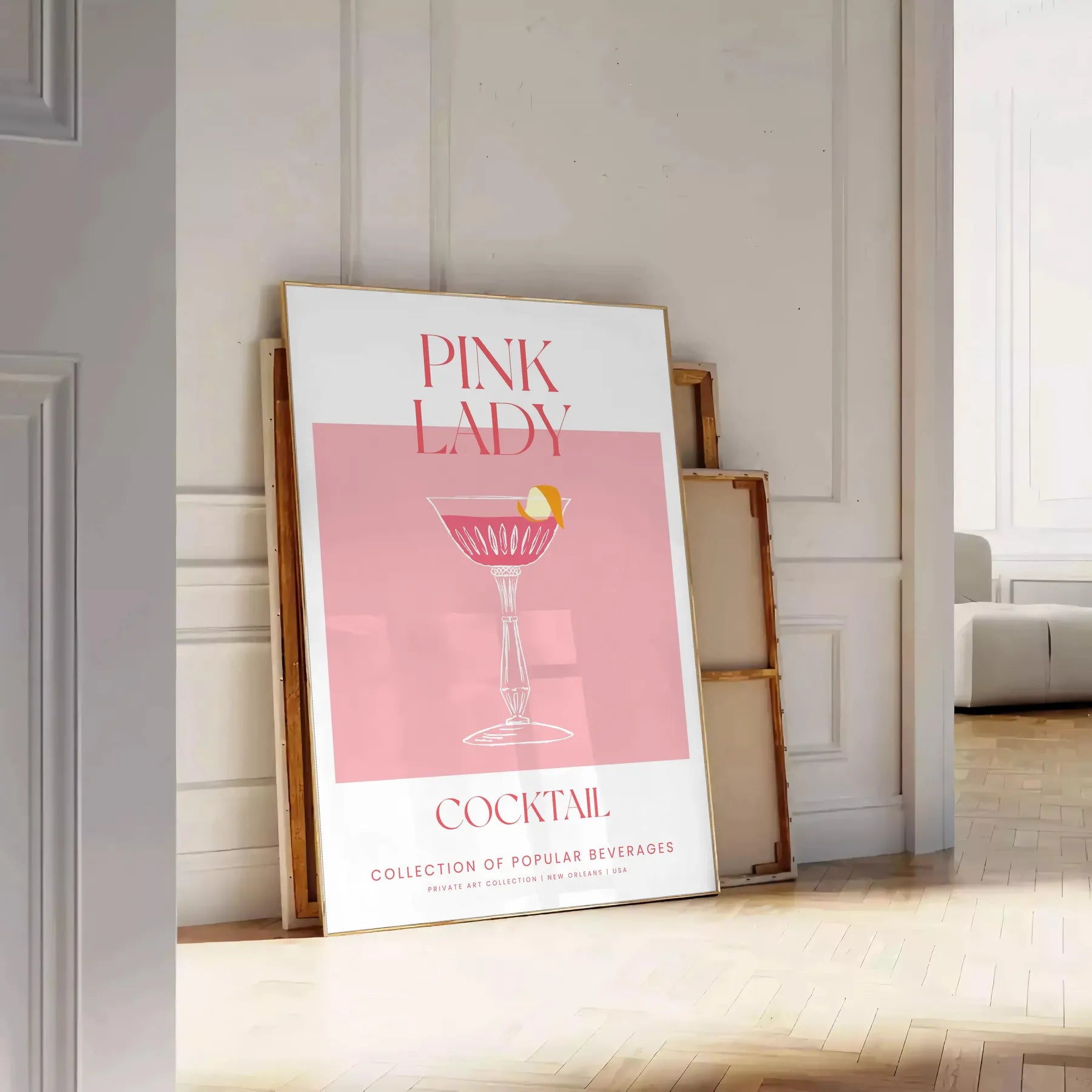 splash sophistication space vibrant Pink Lady Cocktail poster eye blend orange hues stunning wall art perfect print gift enthusiasts options frame