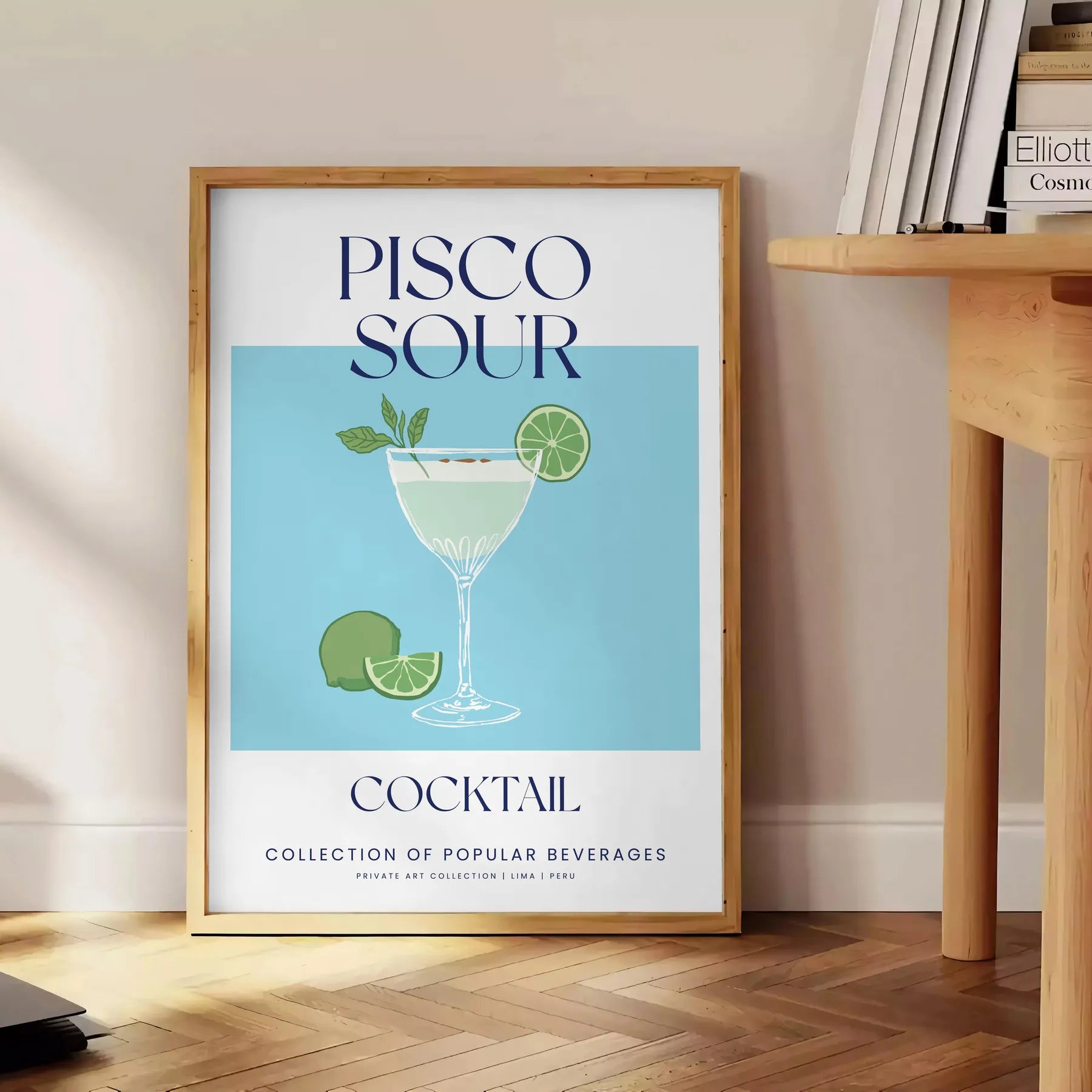space vibrant Pisco Sour Cocktail poster refreshing green blue hues wall art enthusiasts artwork ideal gift sizes A4 cm A0
