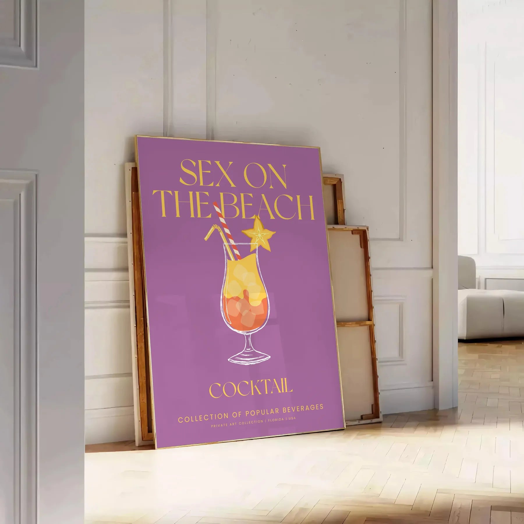 space vibrant Sex Beach cocktail poster burst yellow orange hues stunning wall art perfect gift enthusiasts lovers various dimensions A4 cm A0