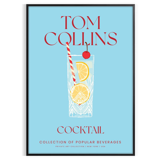 space stunning Tom Collins cocktail poster vibrant yellow blue hues wall art lovers print ideal gift splash creativity room frame