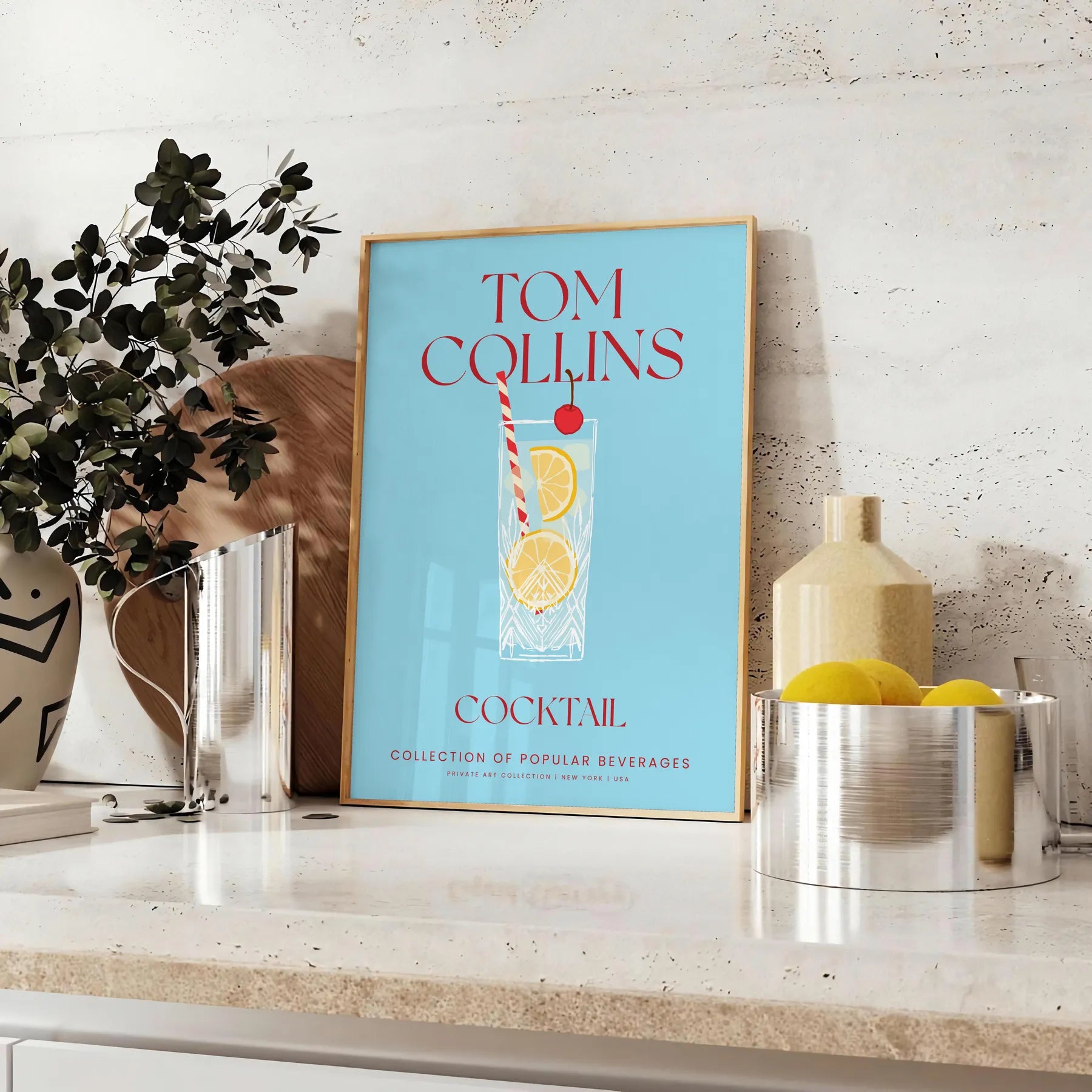 space stunning Tom Collins cocktail poster vibrant yellow blue hues wall art lovers print ideal gift splash creativity room frame