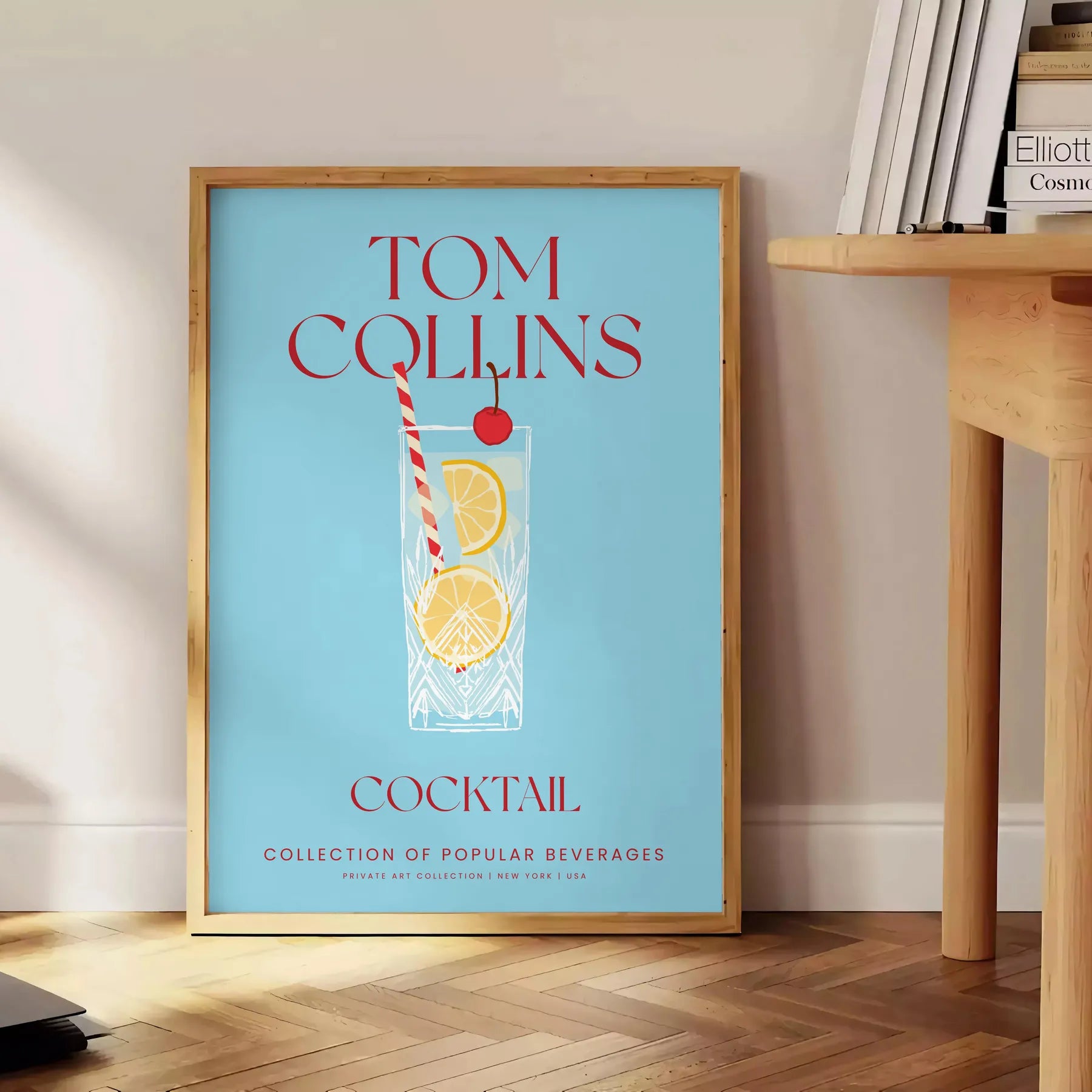 space stunning Tom Collins cocktail poster vibrant yellow blue hues wall art lovers print ideal gift splash creativity room frame