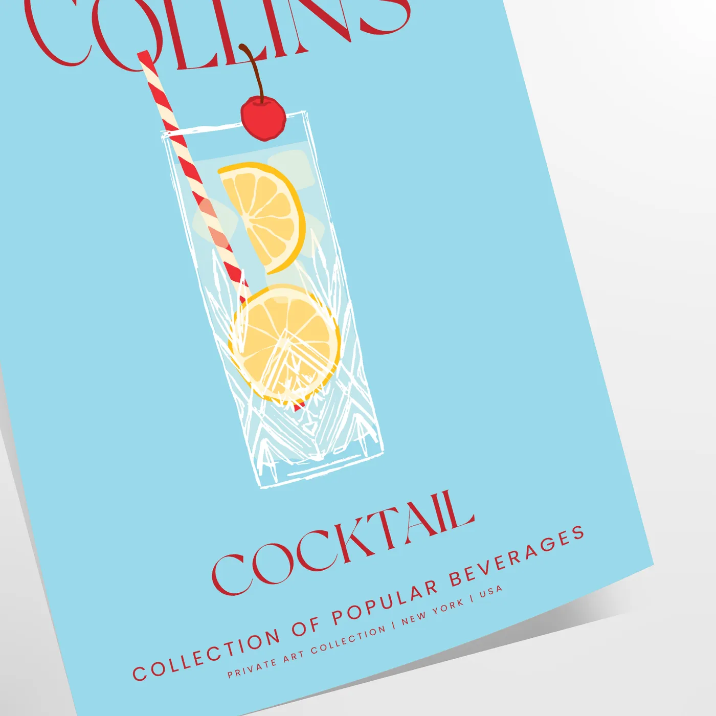 space stunning Tom Collins cocktail poster vibrant yellow blue hues wall art lovers print ideal gift splash creativity room frame