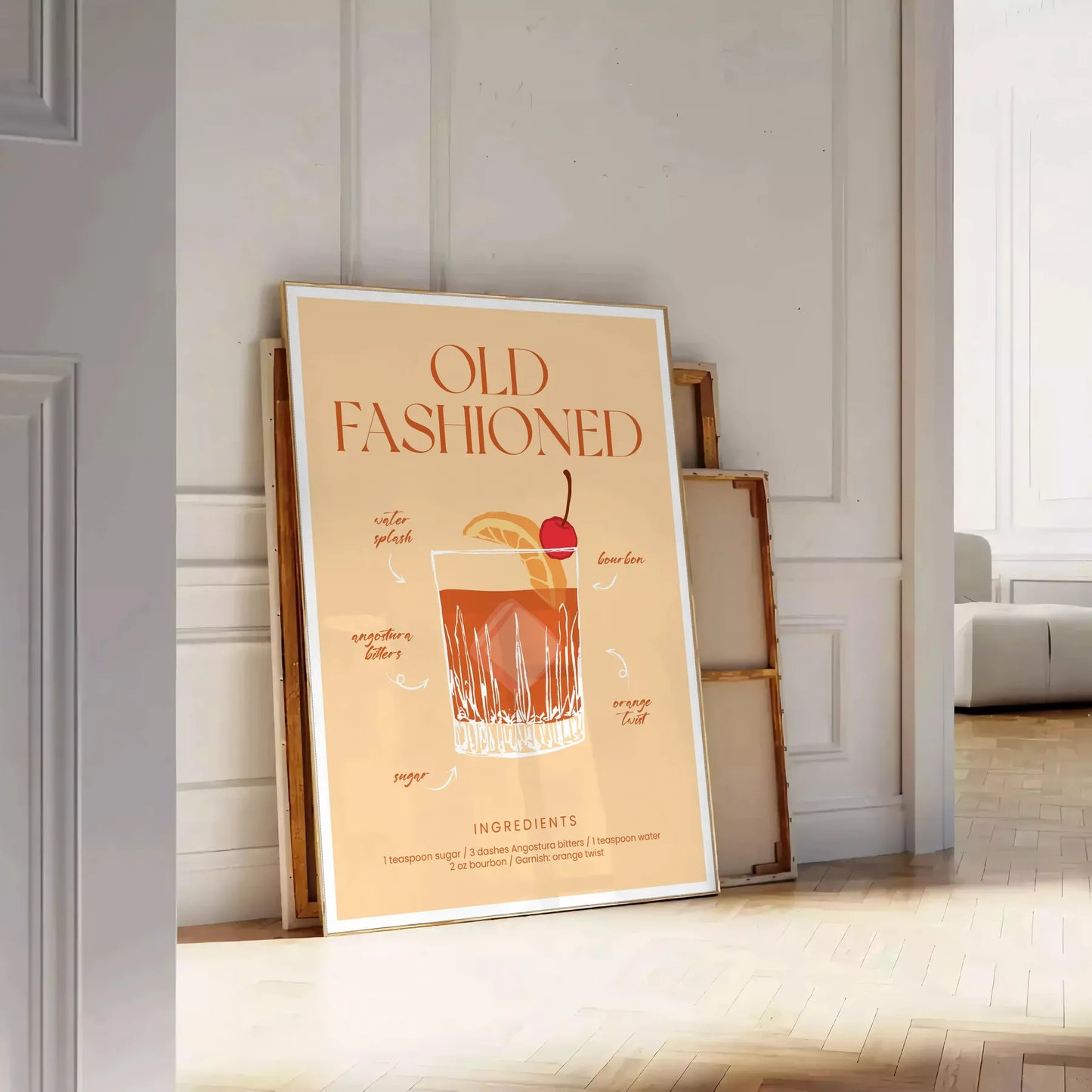 space vibrant Old Fashioned cocktail poster orange red hues wall eye addition décor gift personal enjoyment interior style stunning artwork frame