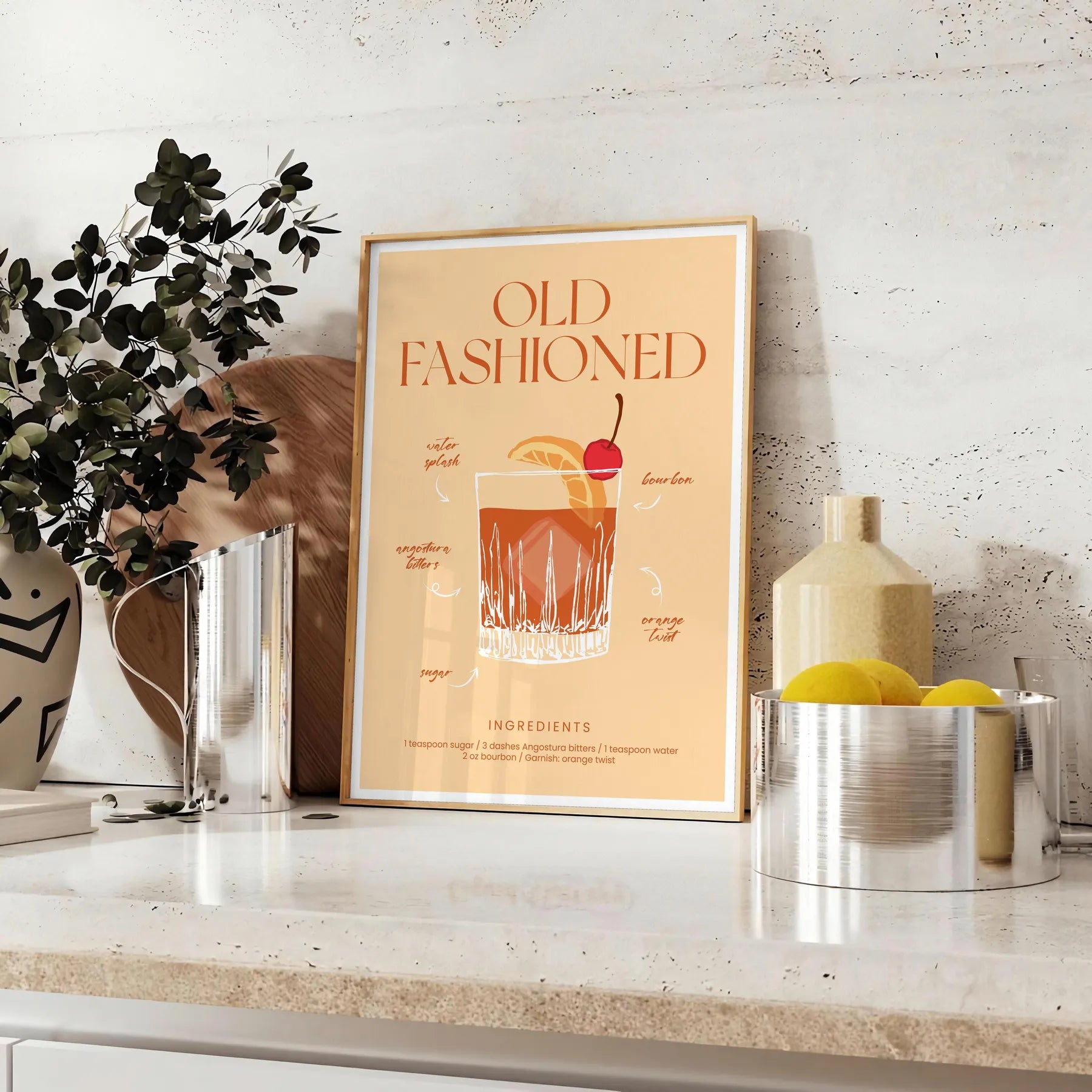 space vibrant Old Fashioned cocktail poster orange red hues wall eye addition décor gift personal enjoyment interior style stunning artwork frame