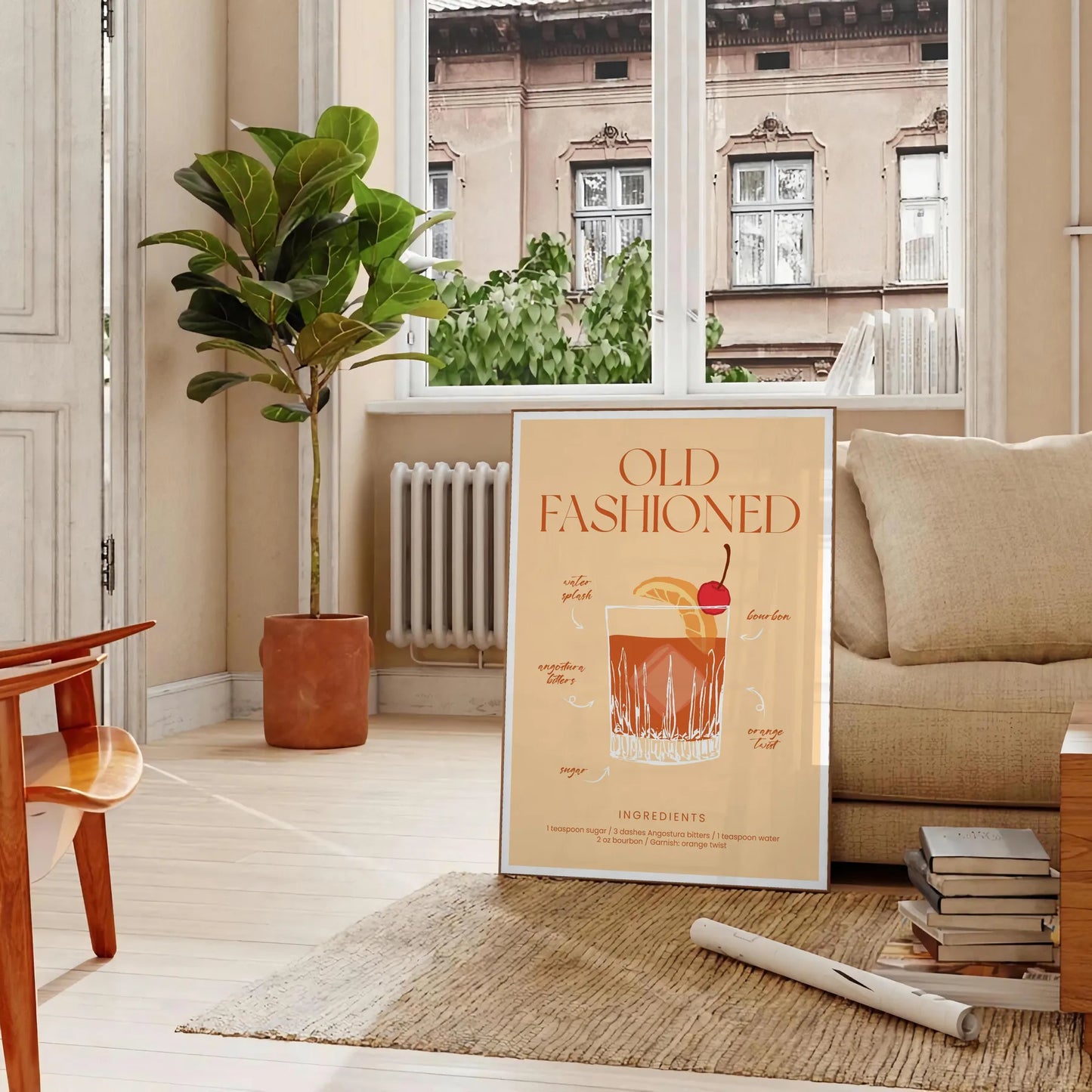 space vibrant Old Fashioned cocktail poster orange red hues wall eye addition décor gift personal enjoyment interior style stunning artwork frame