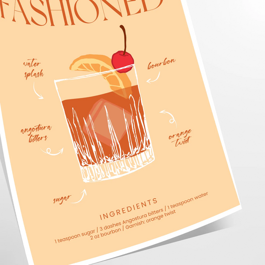 space vibrant Old Fashioned cocktail poster orange red hues wall eye addition décor gift personal enjoyment interior style stunning artwork frame