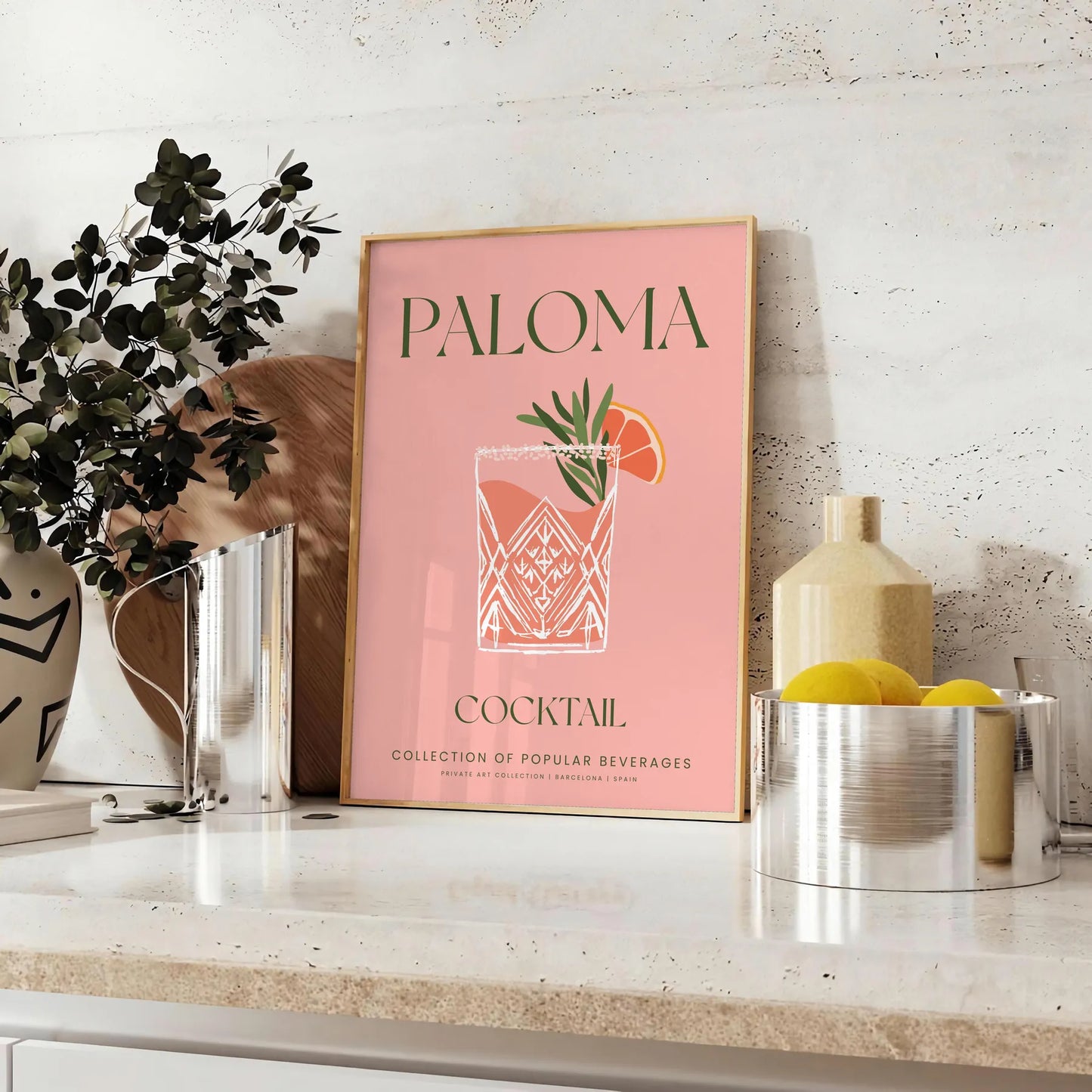 space stunning Paloma Cocktail art poster earthy brown vibrant green hues unique wall thoughtful gift captivating print touch elegance decor unframed options
