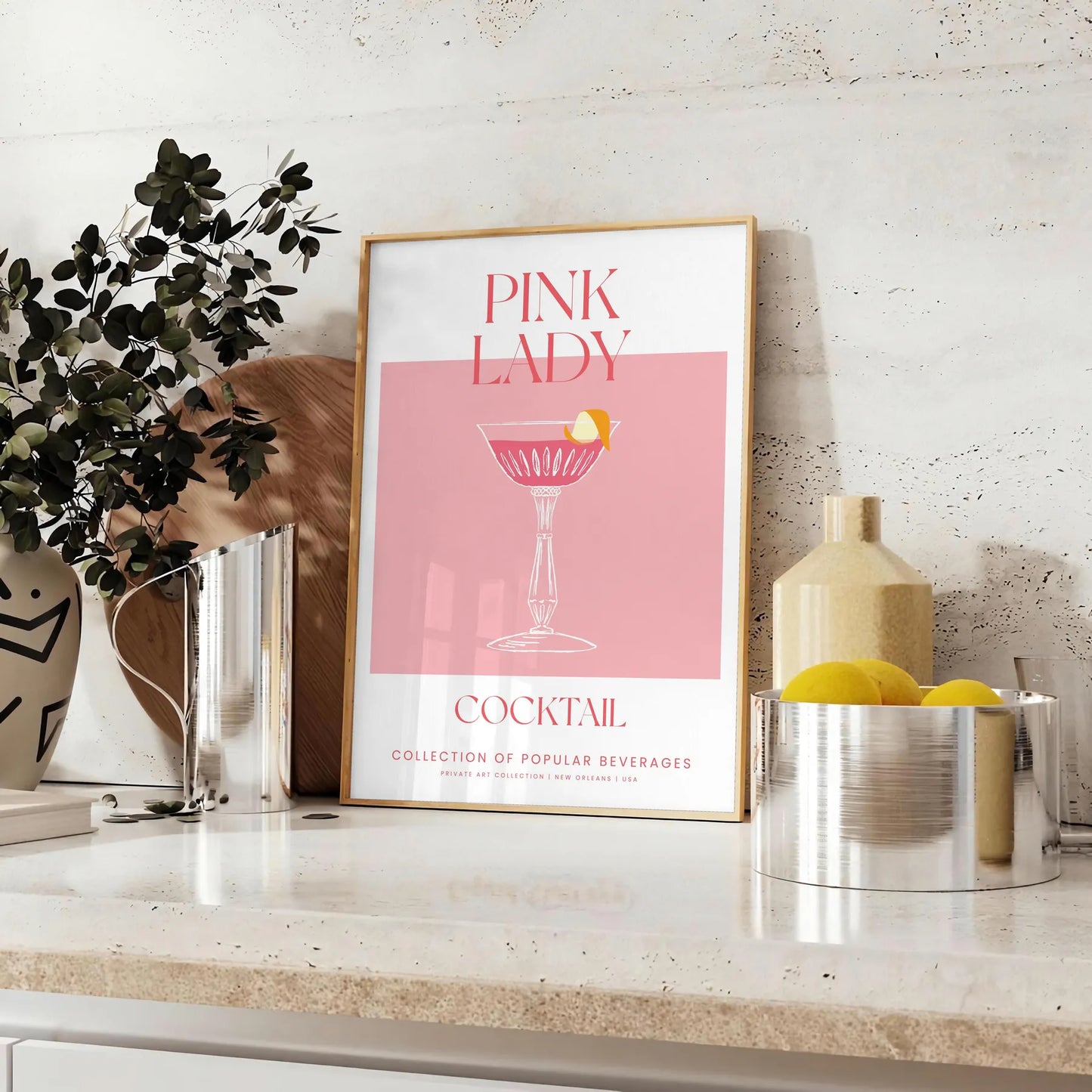 splash sophistication space vibrant Pink Lady Cocktail poster eye blend orange hues stunning wall art perfect print gift enthusiasts options frame