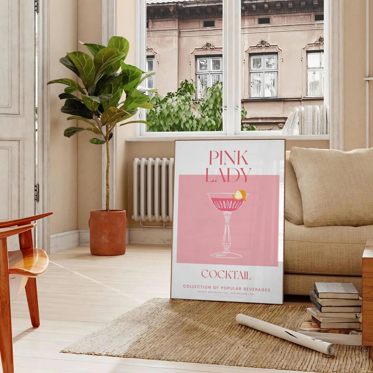 splash sophistication space vibrant Pink Lady Cocktail poster eye blend orange hues stunning wall art perfect print gift enthusiasts options frame