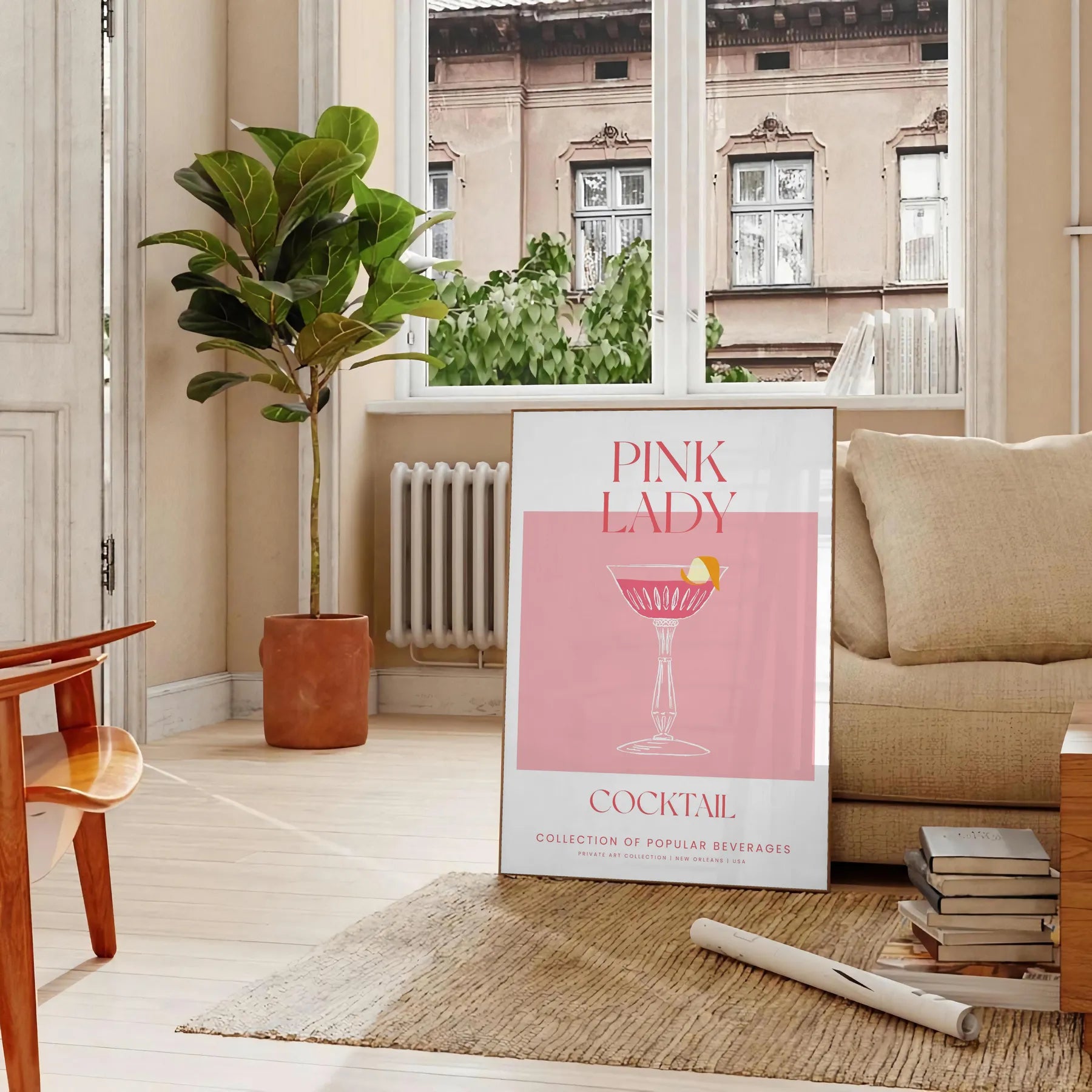 splash sophistication space vibrant Pink Lady Cocktail poster eye blend orange hues stunning wall art perfect print gift enthusiasts options frame