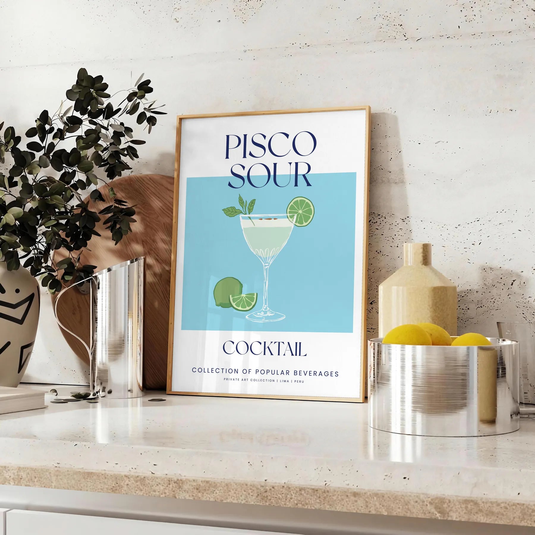 space vibrant Pisco Sour Cocktail poster refreshing green blue hues wall art enthusiasts artwork ideal gift sizes A4 cm A0