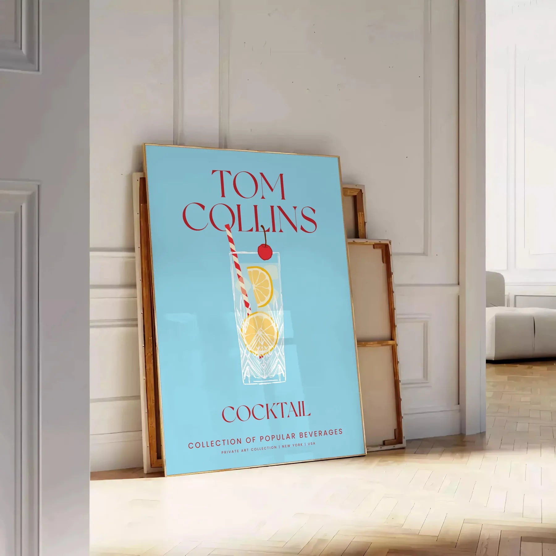 space stunning Tom Collins cocktail poster vibrant yellow blue hues wall art lovers print ideal gift splash creativity room frame