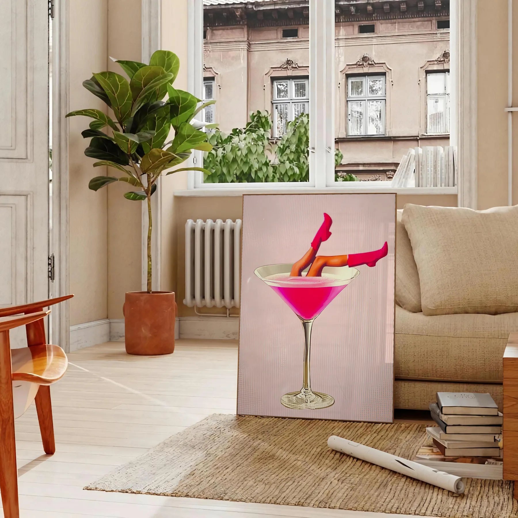 space stunning Woman Cocktail poster vibrant gray orange hues captivating wall art perfect gift elegance modern style room chic print A4 cm A0 dimensions